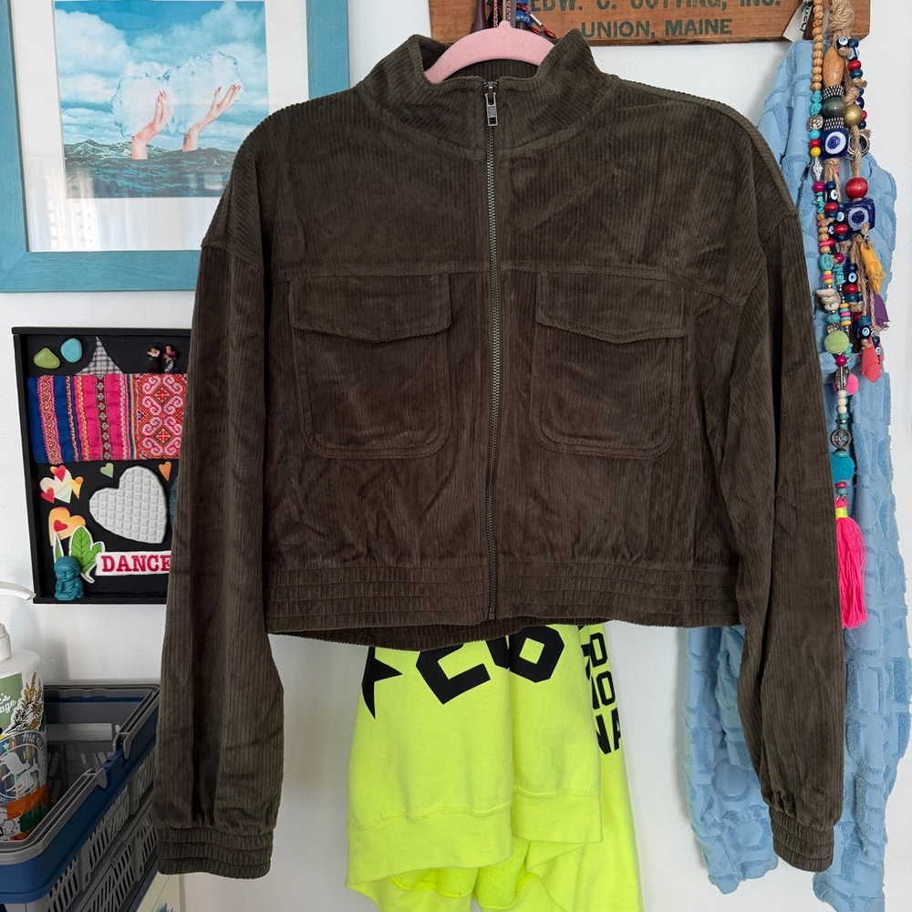 Aerie olive green/brown corduroy bomber jacket NWOT Size M